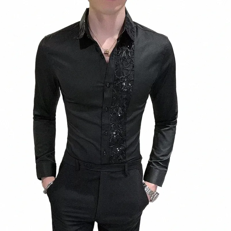 luxury Black White Sexy Lace Patchwork Shirt 2023 Fi Men's Slim Fit Social Dr Nightclub Singer Party Casual Shirts 4XL-M p0i2#