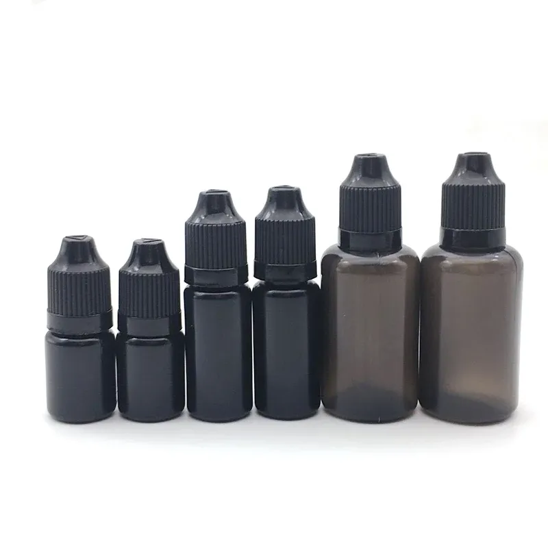 Polijsters 100pcs ściskanie czarne 5 ml 10 ml 15 ml 30 ml plastikowe butelki z kropliny do pojemnika z cieczy z czapką odporną na dziecko i długą cienką końcówką fiolką