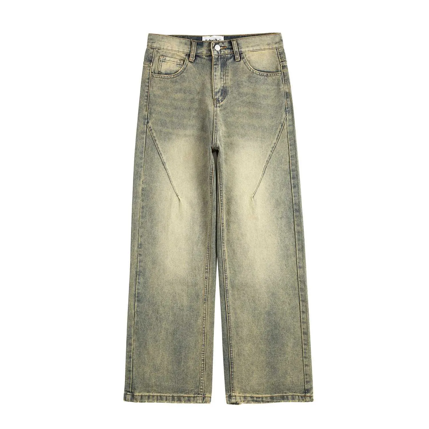 Jeans da uomo Retro ultra segmentato decostruito jeans denim ampio da uomo giallo tinto in fango lavato jeans a gamba larga stimolanti pantaloni in denim con baffo di gatto J240328