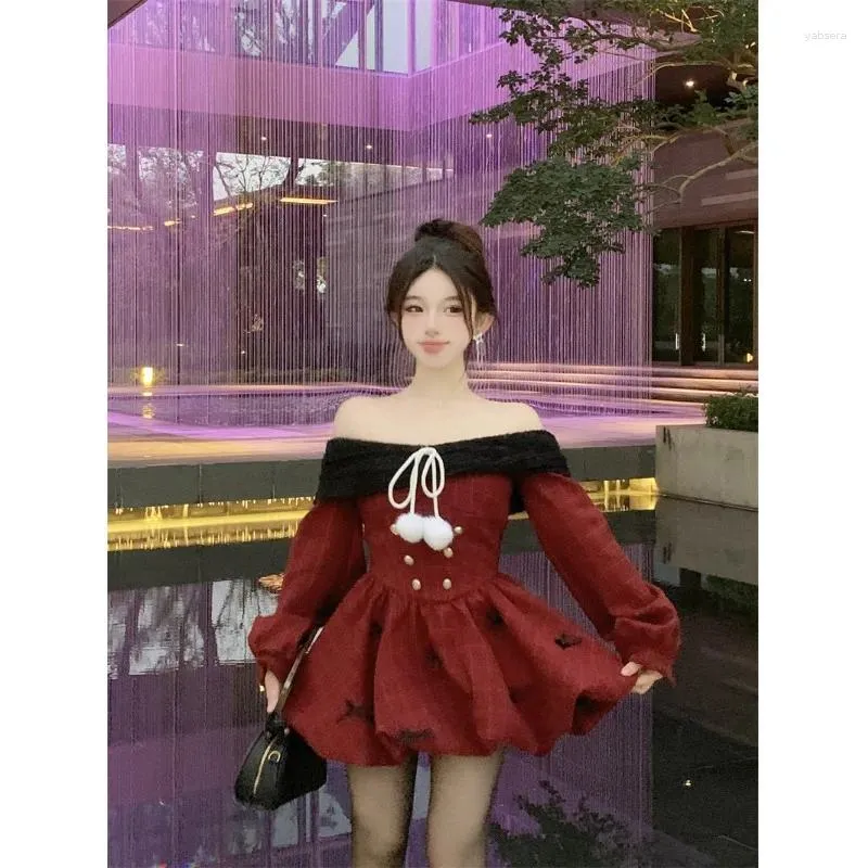 Casual Dresses Sweet Girl Christmas Red Dress Women's Winter One Shoulder Fluffy Slim Fitting Lace-up Short Fashion Female Clothes
