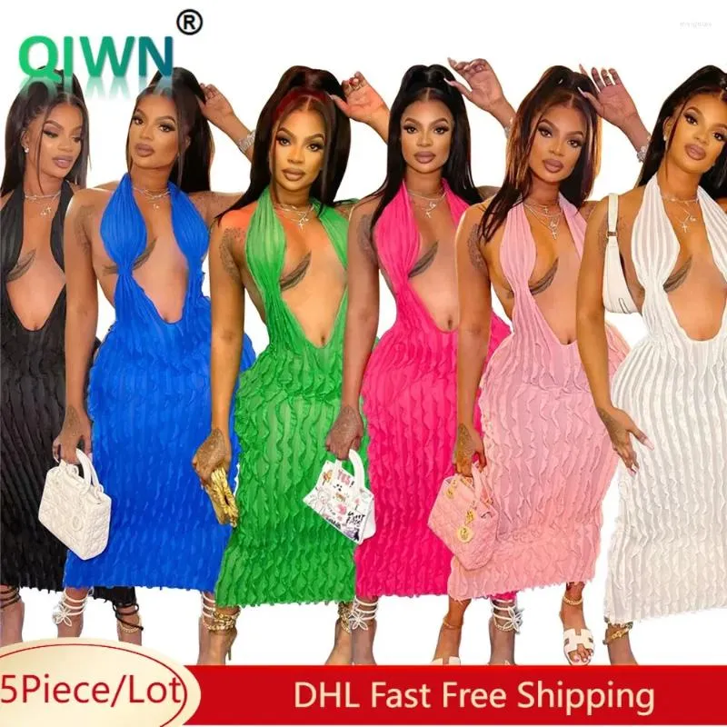 Casual Kleider 5 stücke Bulk Großhandel Rüschen Maxi Kleid Frauen Sexy Tiefem V-ausschnitt Spitze Up Halter Backless Lange Weibliche Dünne hüfte Kleidung 9976