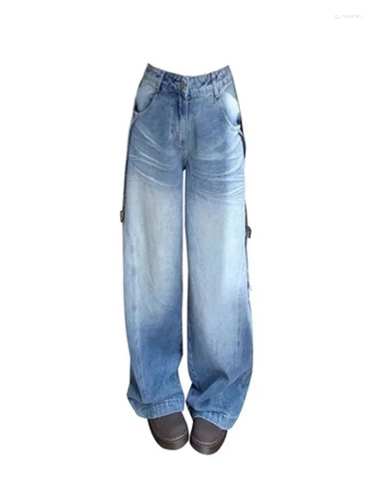 Women's Jeans American Retro Autumn 2024 High Waist Baggy Washed Blue Wide Leg Pants Ins Korea Fashion Y2K Punk 2000s Aesthetic