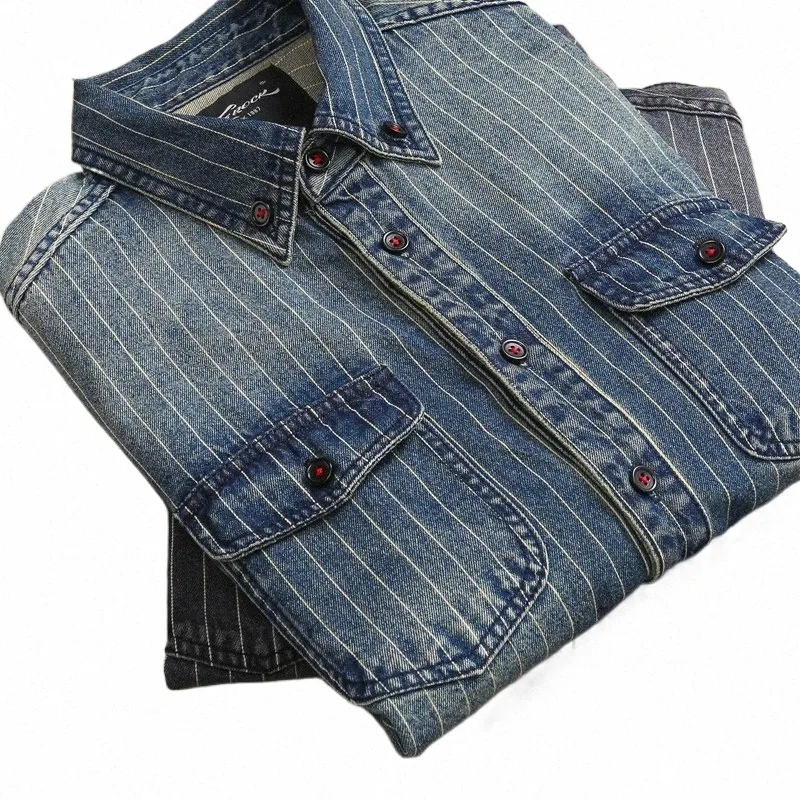 Amekaji VIntage Denim Shirt Mannen Lente Herfst Nieuwe Revers Multi-pocket Blauw Gestreept Lg Mouw Cargo Shirt Casual Vest tops r3X3 #