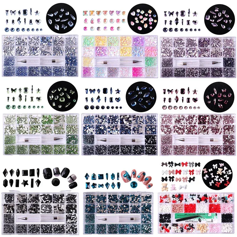 Polijsters – boîte mixte de diamants en verre Ab, 21 grilles, ensemble de strass pour Nail Art, avec 1 stylo de ramassage, décorations de pierres précieuses plates 3d Ab