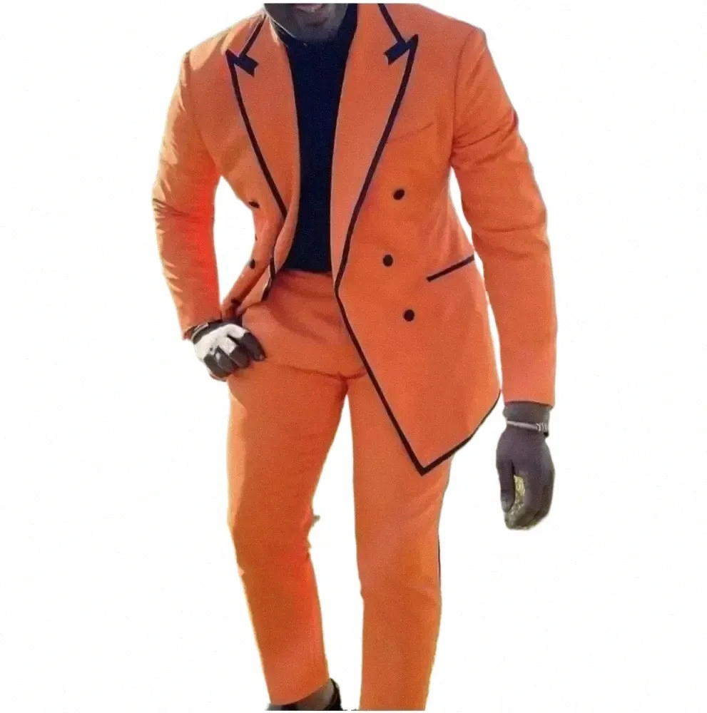 Oranje Mannen Pakken 2 Stuks Zwart Trimmen Piekte Revers Kostuum Homme Bruiloft Bruidegom Tailored Made Blazer Sets S8cu #