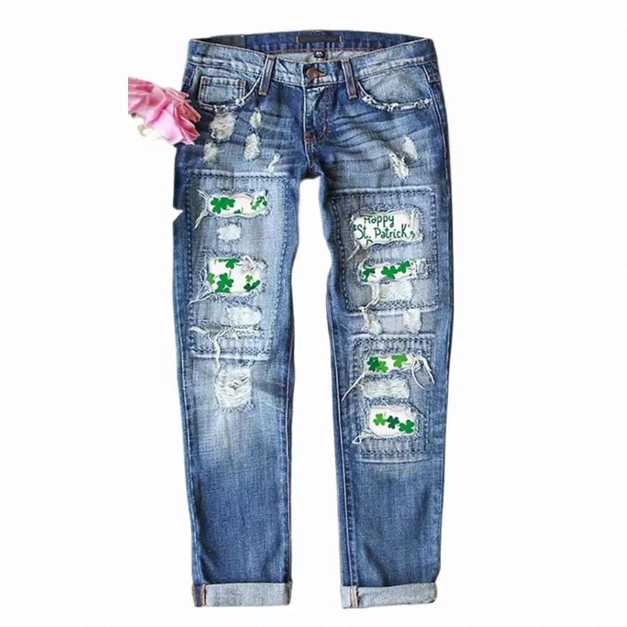 Kvinnor New Street Shamrock Clover Ripped Skinny Jeans Vintage Denim Trouser Womens Pencil Denim Pants St Patricks Day Clothing R2SI#