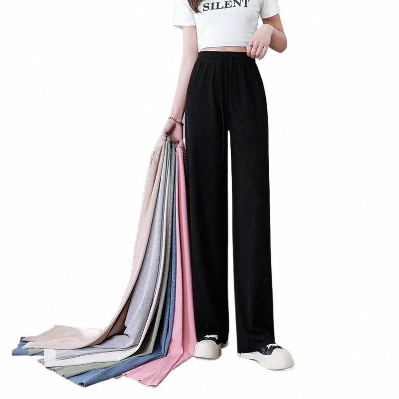 Kvinnor Pants 2023 Ny Spring Summer Ice Silk Wide Ben Pants High midja Casual Female Slim Loose Right Black Trousers R1qt#