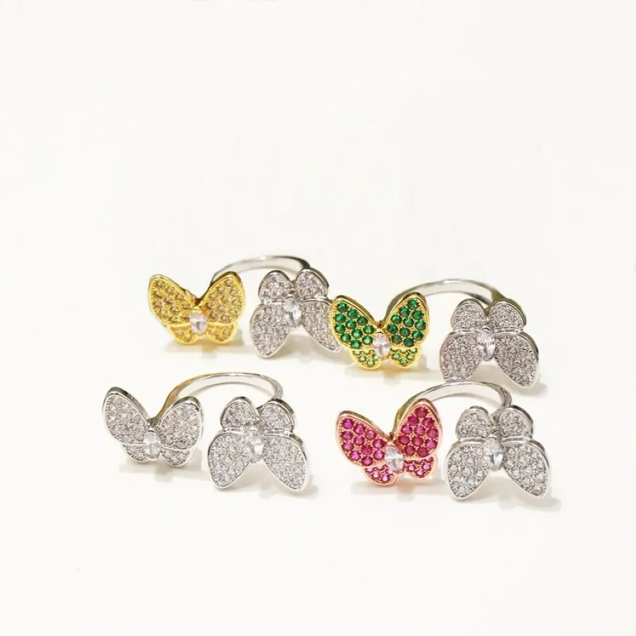 Europa Amerika Mode Ringen Lady Vrouwen Messing Instellingen Gekleurde Diamant 18 K Goud Twee Vlinder Tussen de Vinger Ring 4 Color235u