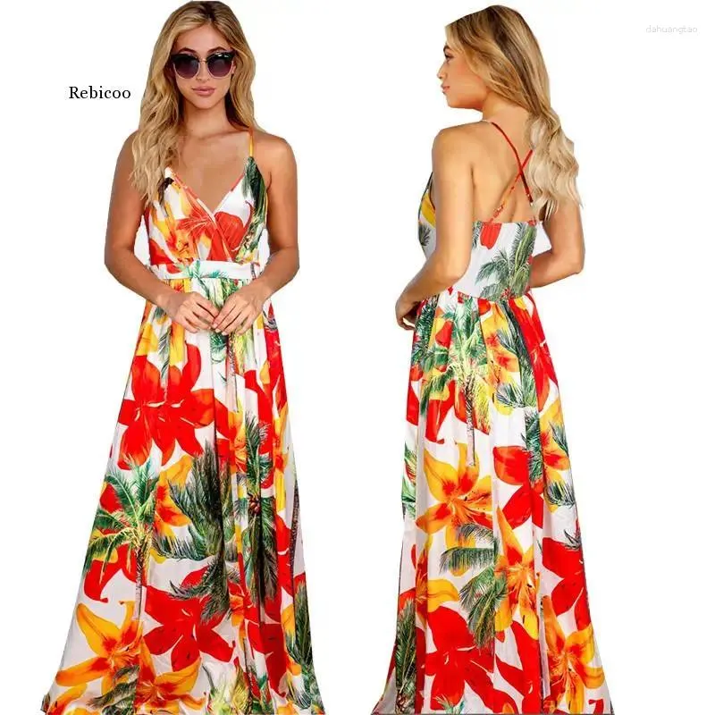 Casual Kleider Frauen Sling Floral Lange Sommer V-ausschnitt Backless Floarl Print Party Strand Boho Maxi Kleid Sexy Sommerkleid Dame Vestido