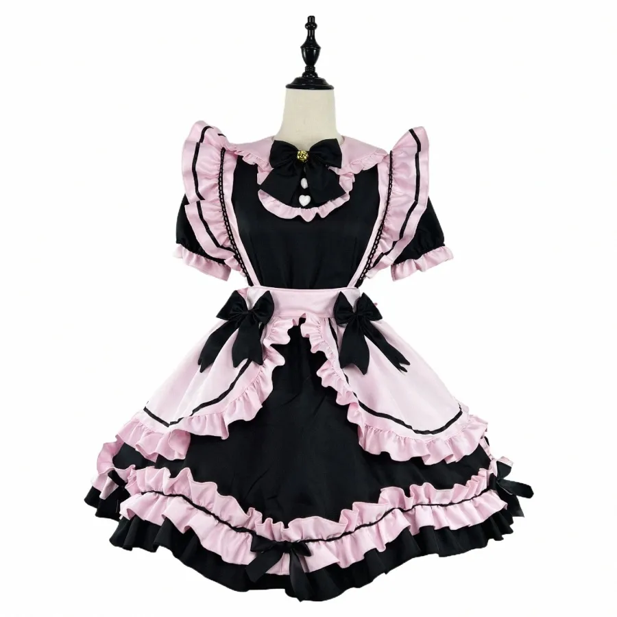 аниме Готическая Лолита JSK Dr с коротким рукавом Kawaii Bow Maid Party Dres Косплей Кошки Девушка Harajuku Симпатичные розовые оборки Черный E2Cz #