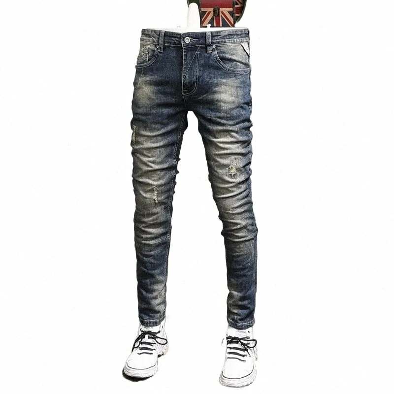 autunno vintage jeans strappati uomo streetwear casual retrò blu cott slim fit pantaloni in denim l06D #