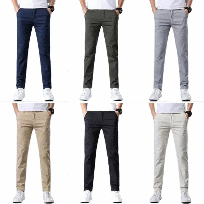 7 couleurs hommes classique couleur unie été mince pantalons décontractés Busin Fi Stretch Cott Slim marque pantalon mâle a6bk #