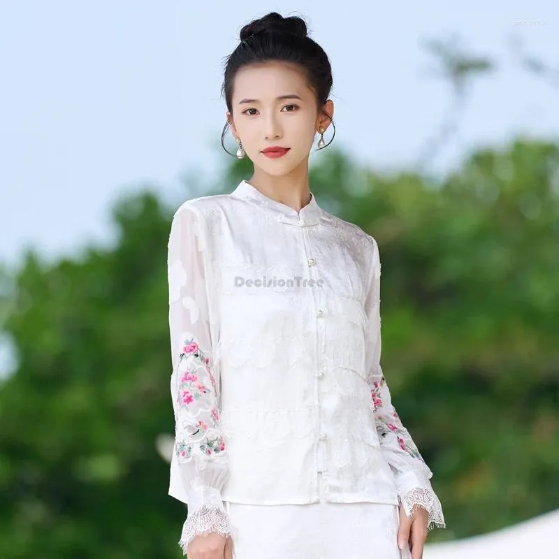 Этническая одежда 2024, женская атласная жаккардовая блузка с воротником-стойкой в китайском стиле в национальном стиле, длинный топ с вышивкой, T001