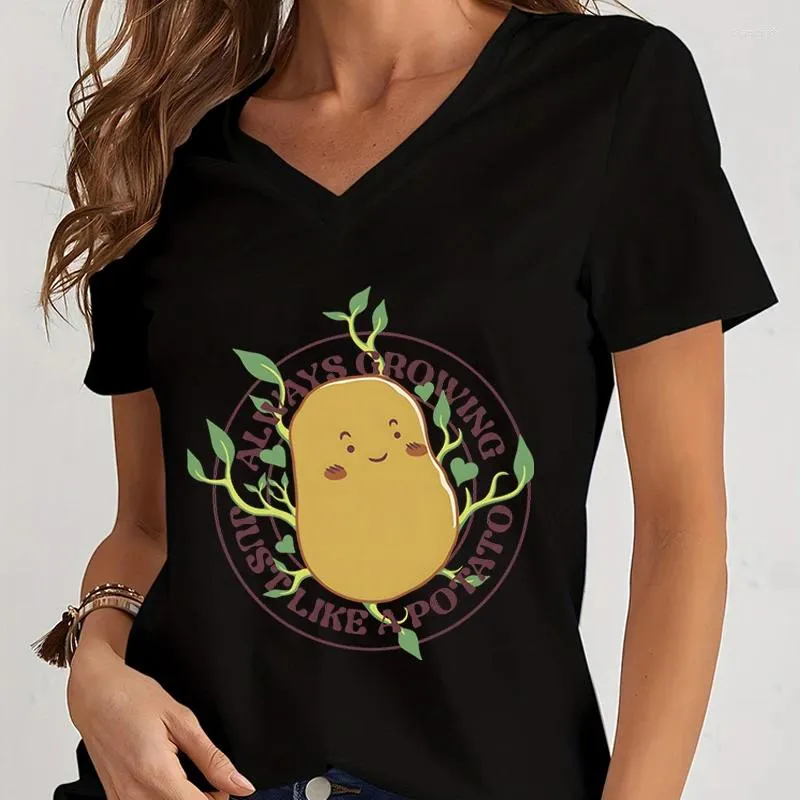 Женские футболки Lady Y2k Модная рубашка с рисунком «Прорастающий картофель всегда растет, как картофель», с коротким рукавом и V-образным вырезом, повседневная забавная женская одежда
