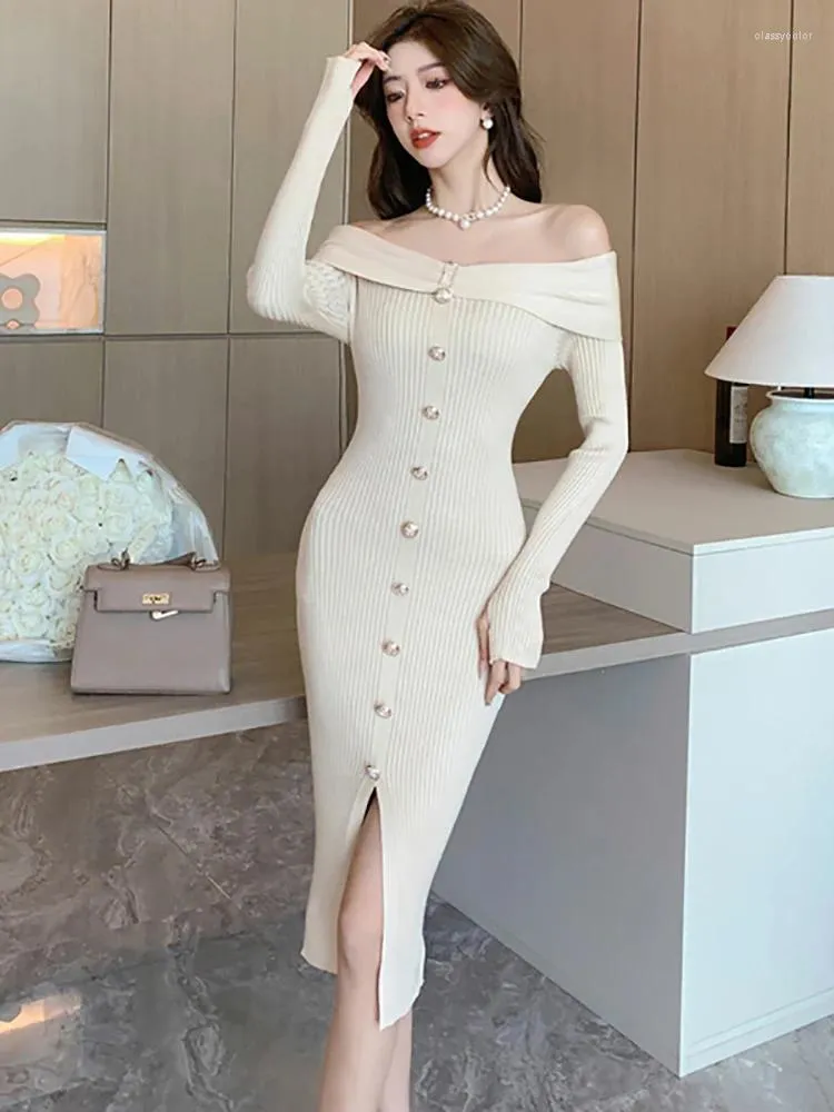 Casual Kleider Weiß Gestrickte Elegante Und Hübsche frauen Kleid Herbst Winter Mode Bodycon Pullover 2024 Koreanische Chic Off Schulter