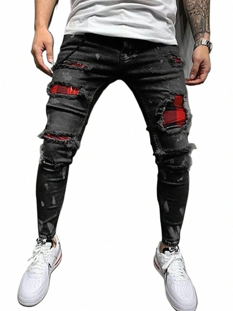 Узкие рваные джинсы для мужчин 2022 Fi Grid Beggar Patches Тонкие эластичные повседневные джинсовые брюки-карандаш с рисунком Брюки для бега Мужские K19K #
