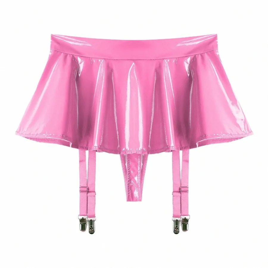 Kvinnor glansigt patentläder ruffle mini kjol inbyggd thgs strumpor bälten metallklipp shorts miniskirt våt utseende rave klubbkläder m1c7#