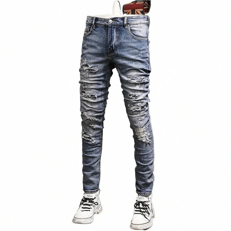 Straat Fi Mannen Jeans Retro Blauw Stretch Skinny Fit Gescheurde Jeans Mannen Geschilderd Designer Kralen Patched Hip Hop Merk broek k2to #