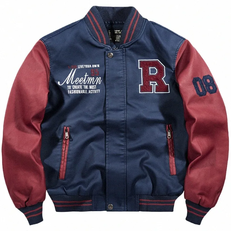 2023men's Otoño Chaqueta de vuelo Versión coreana de la tendencia Costura Uniforme de béisbol Chaqueta de trabajo Locomotora Cuero hermoso c78V #