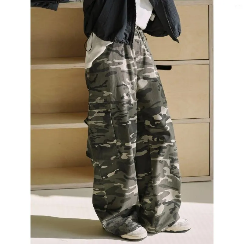 Calças femininas americanas hip-hop retro camuflagem perna reta workwear solto e magro largo casual para mulheres