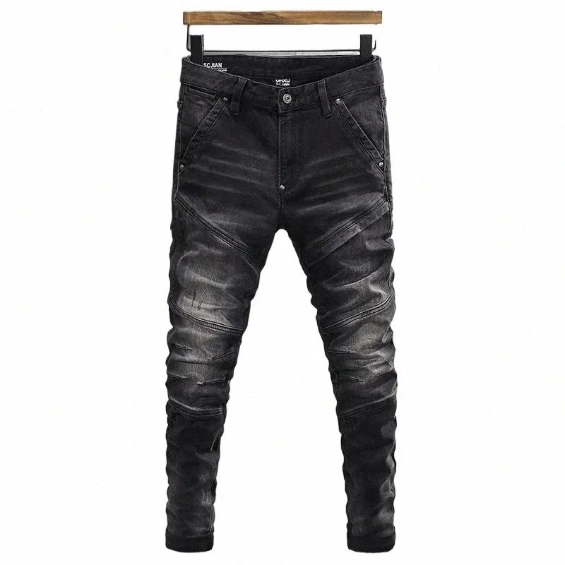 Street Fi Homens Jeans Retro Preto Cinza Stretch Slim Fit Rasgado Jeans Homens Emendados Designer Hip Hop Denim Calças de Motociclista Hombre h8bM #