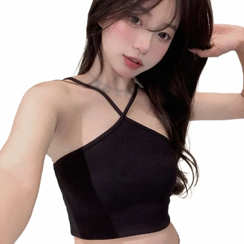 Solid Hanging Neck Vest Camisole Tube Top Sleevel Slim Short Tank Top Corset Top 131m#