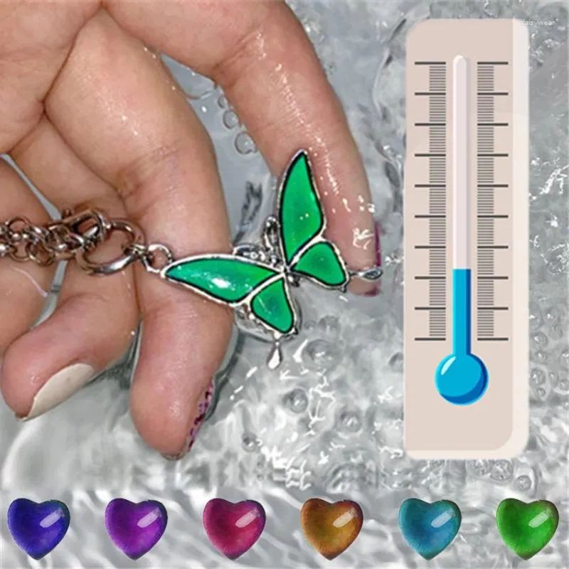 Pendant Necklaces Butterfly Mood Colorful Heart Temperature Control Color Change Necklace Stainless Steel Chain Jewellery Women