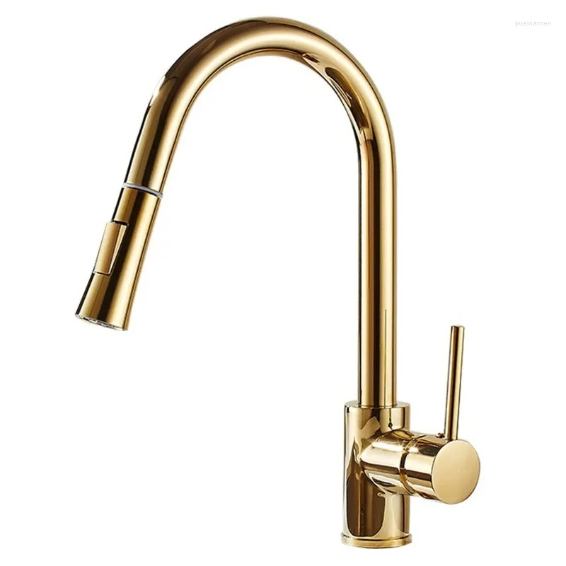 Bathroom Sink Faucets Kitchen Faucet Single Hole Pull Out Spout Mixer Tap Stream Sprayer For Head Golden