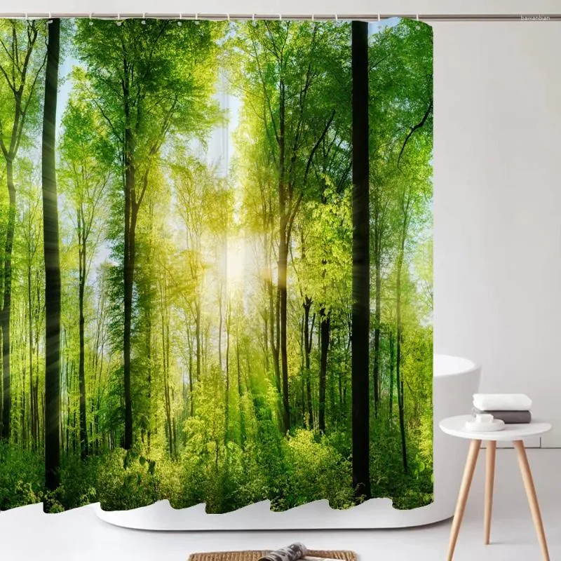 Cortinas de ducha de alta calidad bosque naturaleza paisaje tela cortina impermeable impresión baño para baño decorar con ganchos