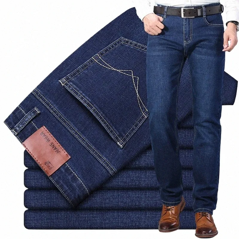 2023 New Men's Stretch Regular Fit Jeans Busin Casual Classic Style Fi Denim Trousers Male Black Blue Pants f1V6#