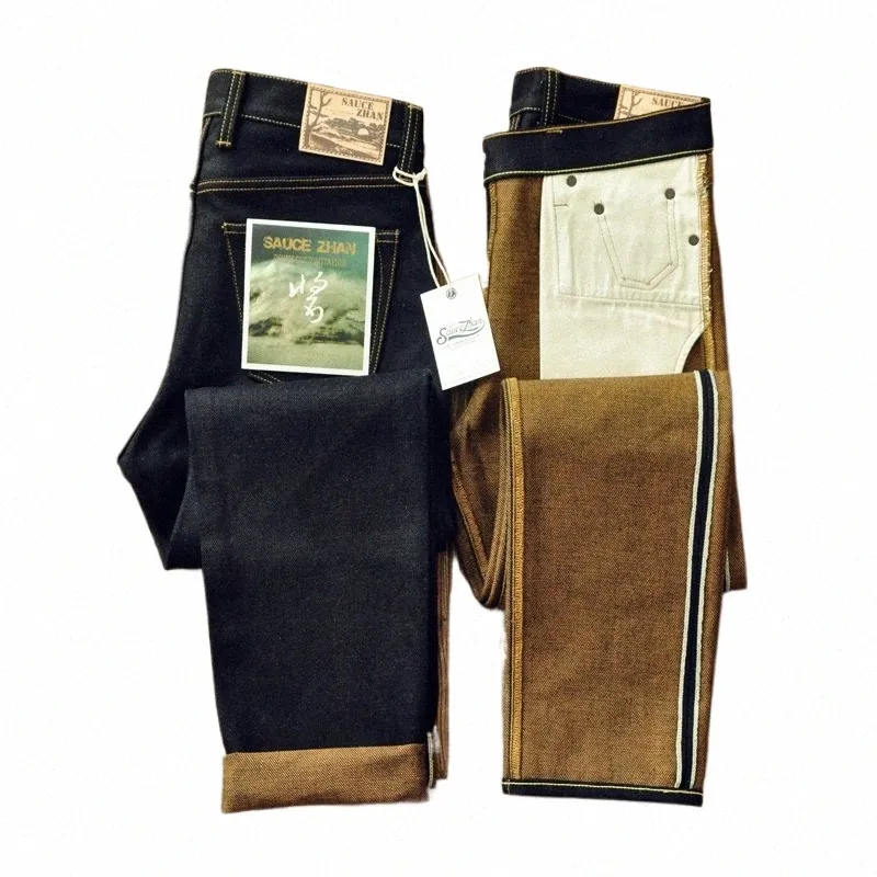 Sauzhan EX316XX-desert Mannen Jeans Seedge Sanforized Ruwe Denim Jeans voor Mannen Dubbelzijdig Verven Straight Fit 20.5 Oz Y15J #
