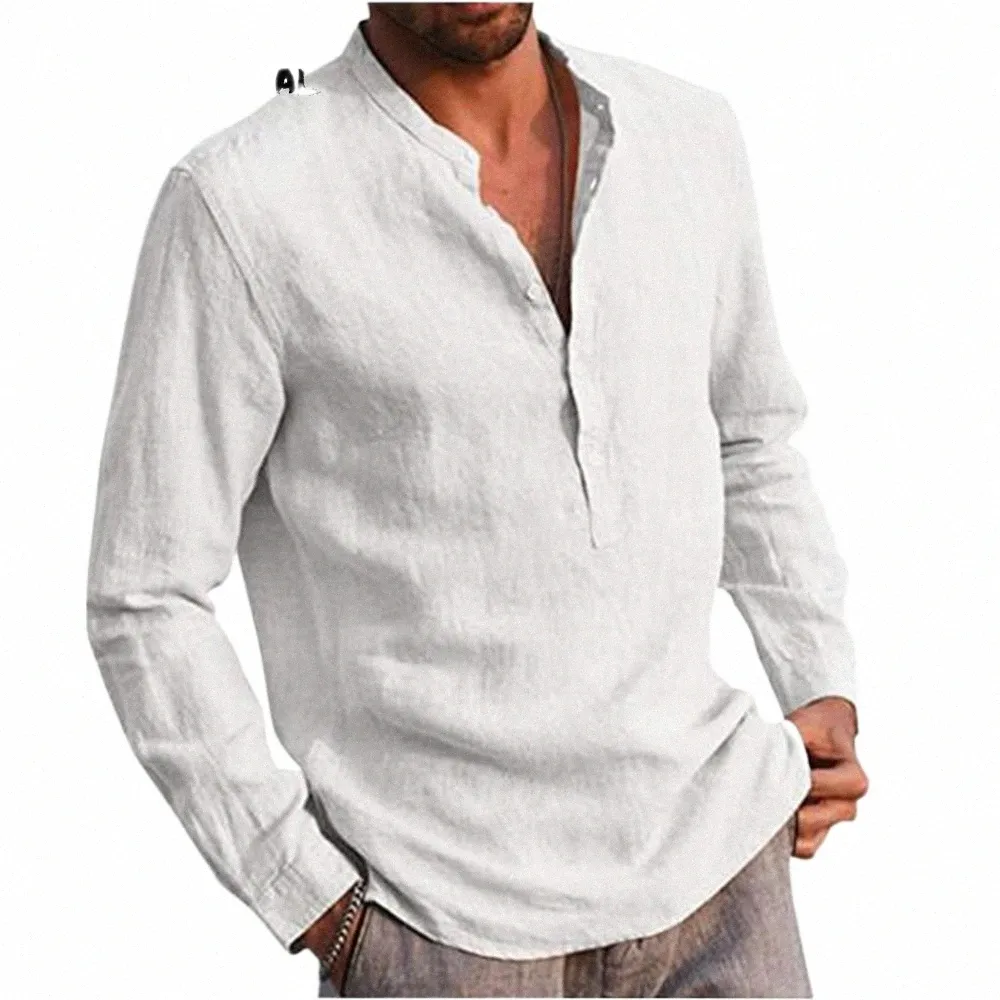 Lin Vente chaude Hommes Lg-Manches Chemises Casual Couleur Unie Revers Chemise Col Casual Style De Plage Plus La Taille S-5XL U4fS #