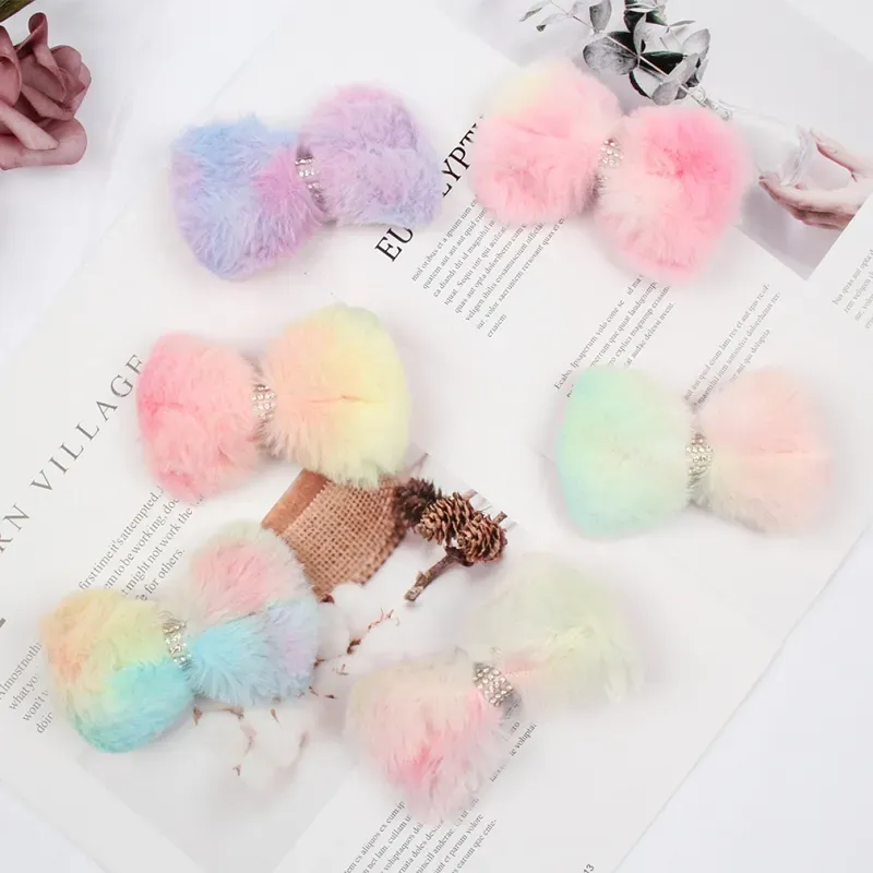 2020 New Kids Barrettes Autumn Winter Imitation Rabbit Hair Hairpin 3.5 Inch Tie-Dye Fur Bow Hairclips DIY Girls Hair Accessories M2857