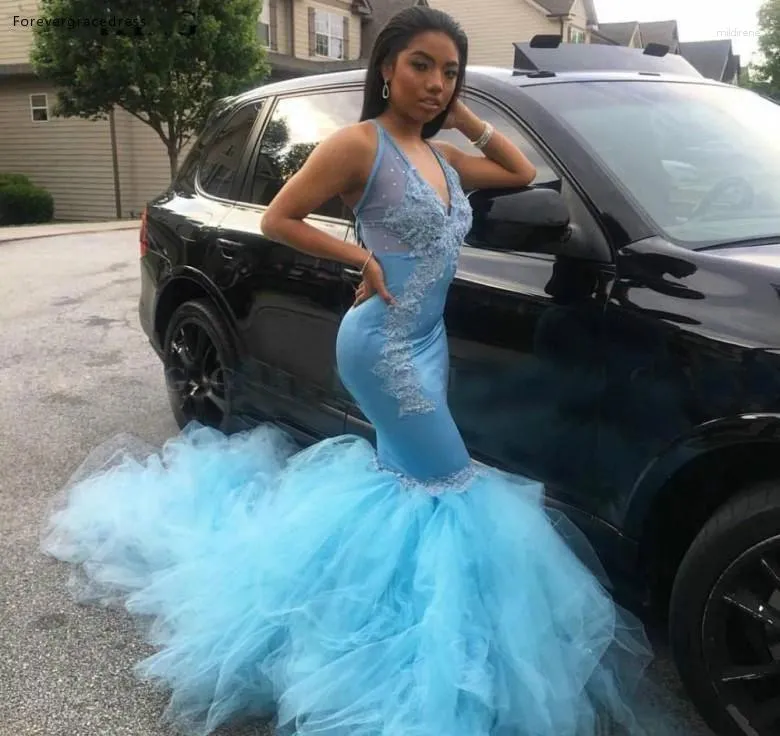 파티 드레스 남아프리카 흑인 여자 Prom 2024 Sky Blue Mermaid v 목록 졸업 졸업식 졸업식 공식 이브닝 가운
