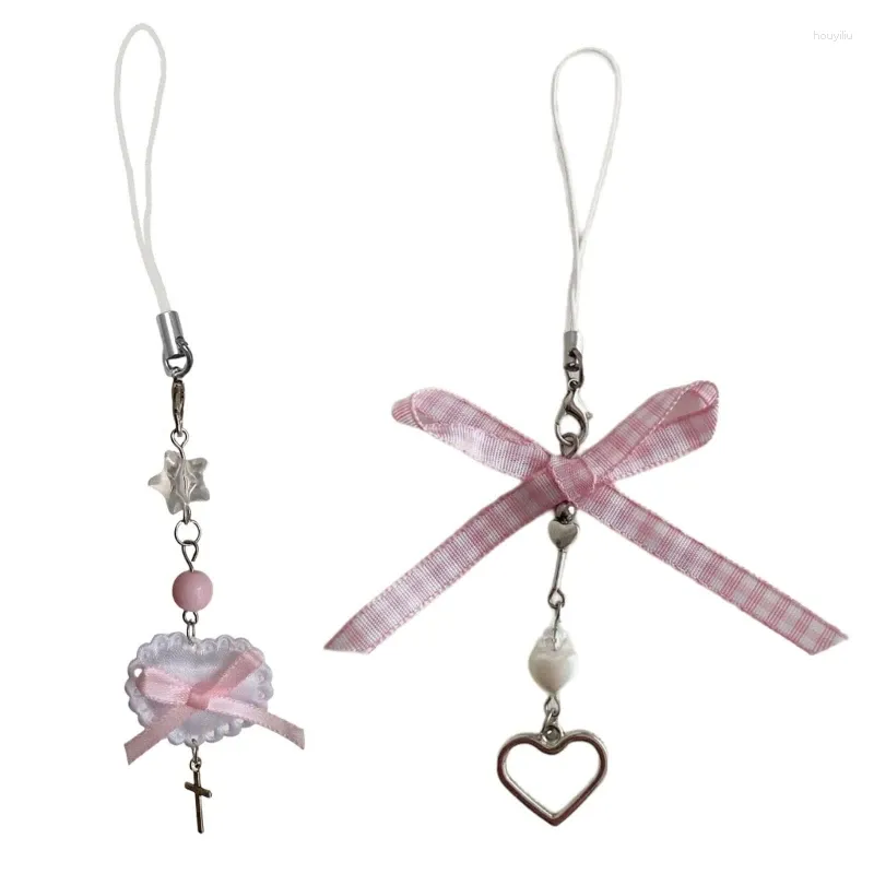 Porte-clés doux coeur Bowknot perle pendentif à breloque chaîne téléphone sangle poche porte-clés tentures décoration pour sac à main sac à main