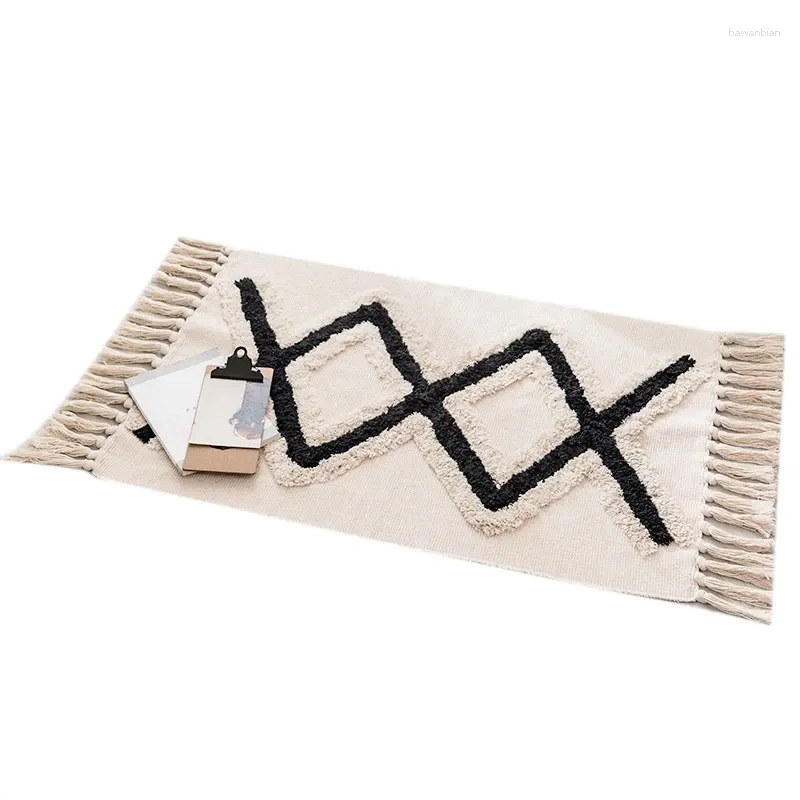 Carpets Tufted Ethnic Wind Mat Black Diamond Cotton Doormat Bedroom Bedside Footrest Living Room Coffee Table Floor