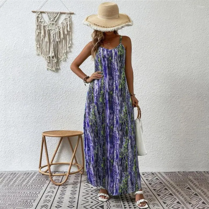 Casual Dresses Stylish Printed Maxi Dress Bohemian Style Women's Vacation For Beach Resort Wear V Neck Loose Sleeveless