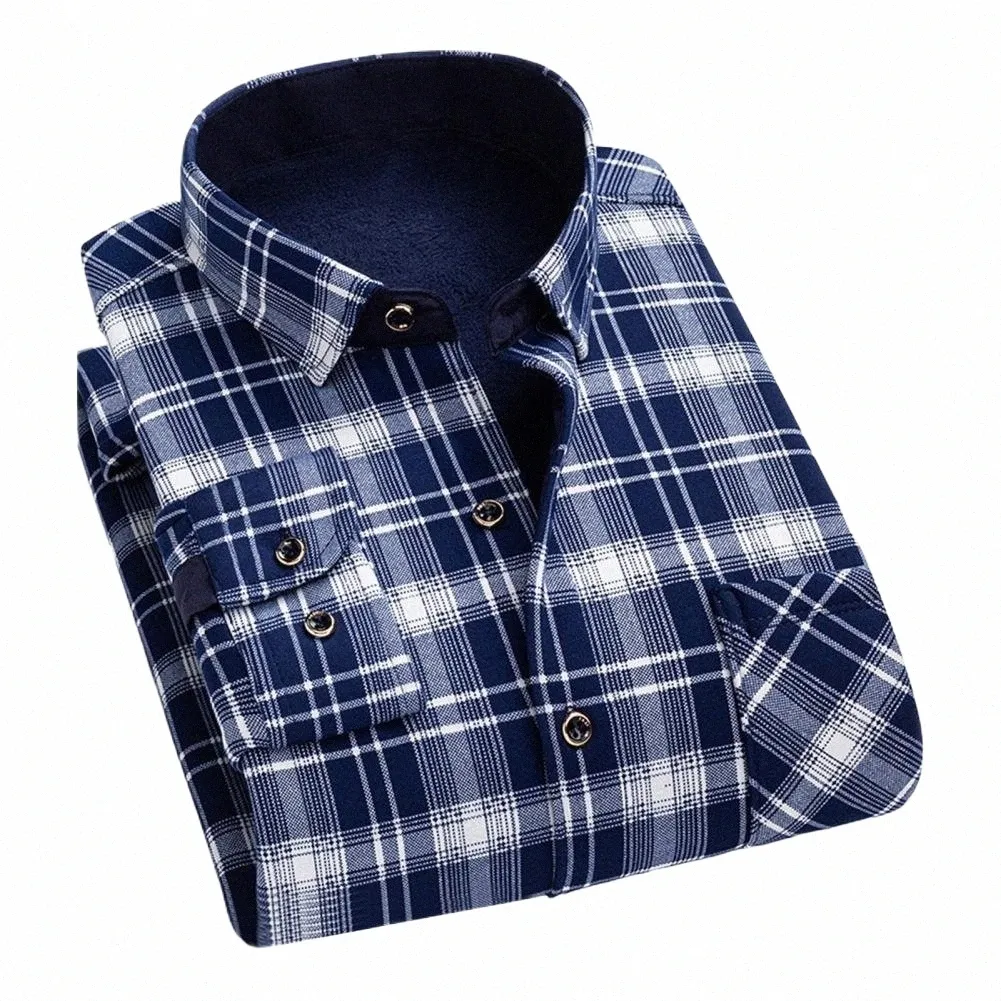 LAPEL DESIGN MEN FLEECE SHIRT PLAID PRINT Tjock Plush LG Sleeve Cardigan Top Men Formell Busin Style Mid-Aged Father Shirt U3SK#