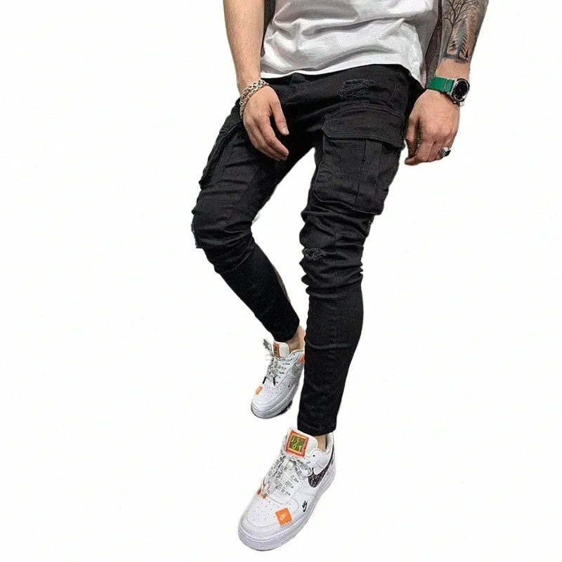 men's Jeans Beach Style Multi-Pocket Men's Jeans Casual Travel Pants Slim Stretch Pencil Pants Four Seass Black Cargo Jeans j4sC#