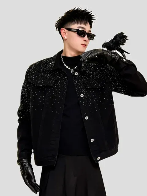 ✙ y2k **black denim jacket+ line stone Y2K Black Denim Jean Jacket Blank Essential Street Wear Coat