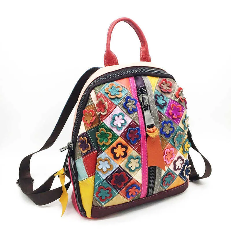 Moda emenda lingge bolsa feminina retro flor retalhos cor bolsa de ombro mochilas 040124