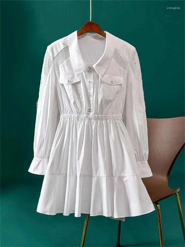 Casual Dresses Lace Stitching Women White Dress Turn-down Collar Elastic Waist Long Sleeve Female Mini Robes