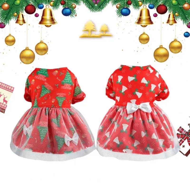 Hondenkleding Kerstjurk Elegant doorzichtige gaas Pet Xmas Tree Patroon Bells Print Festival Rok voor feest