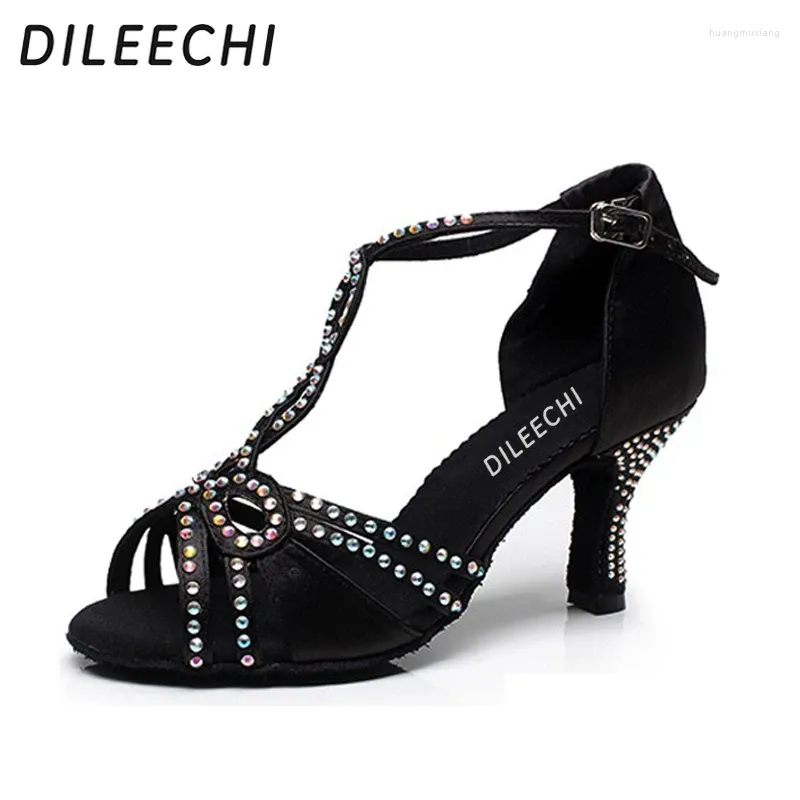 Chaussures de danse DILEECHI Latin diamant femmes Salsa noir Satin femme carré salle de bal semelle souple talon 75mm