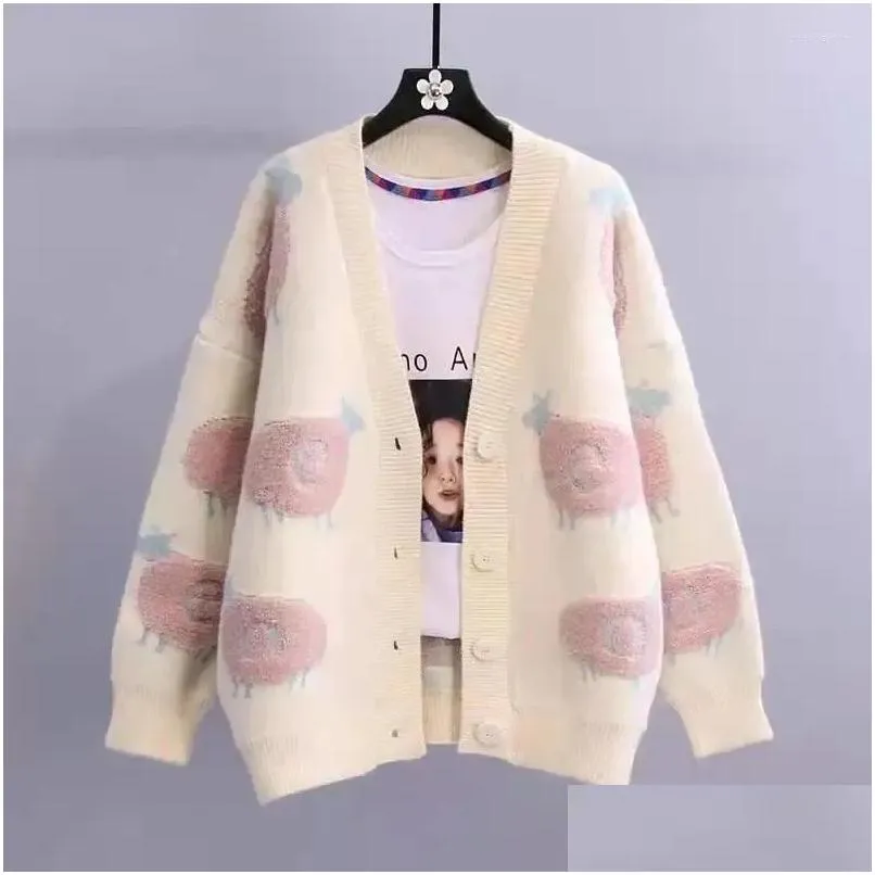 Kvinnors stickor Tees Womens Korean Cartoon Cute Sweater Jacket Autumn Winter 2024 Elegant Löst mångsidig förtjockad stickad Cardigan Drop Ot3wq