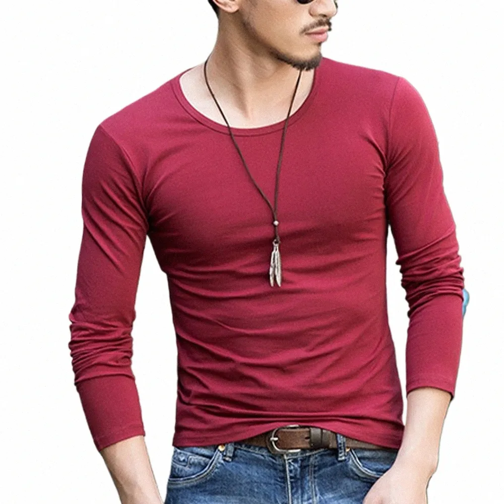 mens Crew-Neck Lg Sleeve T-Shirts Slim Fit T-Shirt Fitn Activewear Tops Elastic Comfort T Shirt Men Classic Color All-match P4yM#