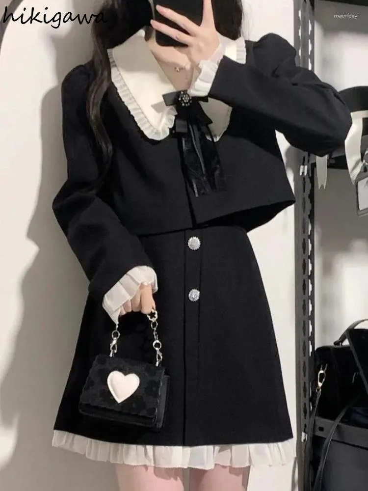 Arbeitskleider Adrette Koreanische Zweiteilige Sets Damenbekleidung Langarm Crop Coat Hohe Taille A-Linie Rock Outfits Mode Tunika Süß