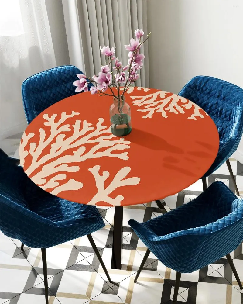 Table Cloth Coral Carpet Orange Round Tablecloth Elastic Cover Indoor Outdoor Waterproof Dining Decoration Accessorie