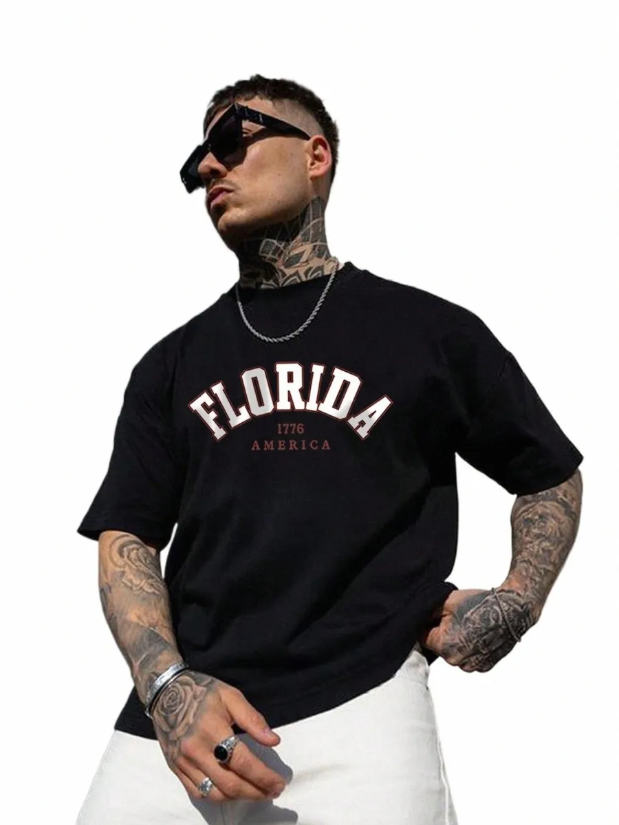 Florida 1776 América Imprime Camiseta Masculina Roupas Tendência Vintage Respirável Cott Camisetas All-matemática Casual Homens Oversize Manga Curta 2329 #