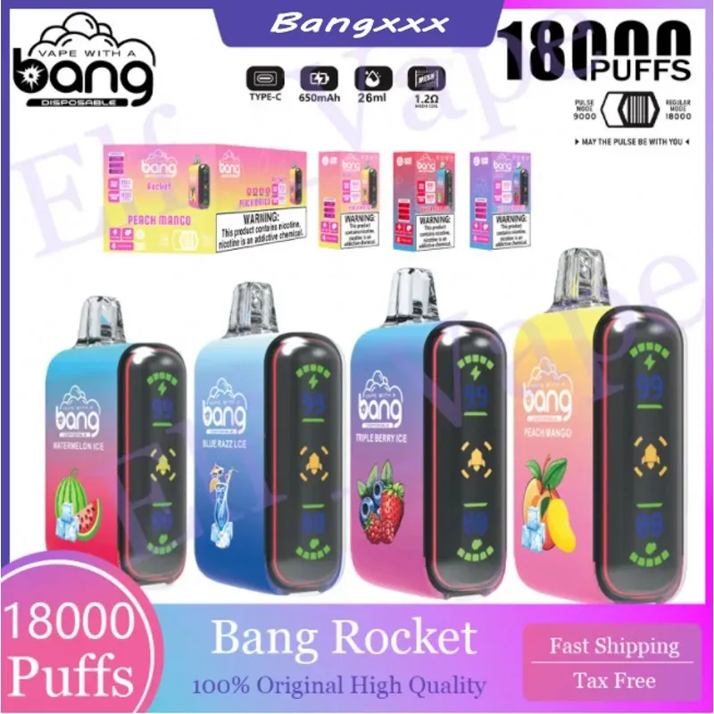 Original Bang Rocket 18000 Puffs engångsvapen Puff 18K Vape Pen Bang 26 ml Förfyllda patroner Pod 650 mAh Rechargery Battery LED Light Color Kit